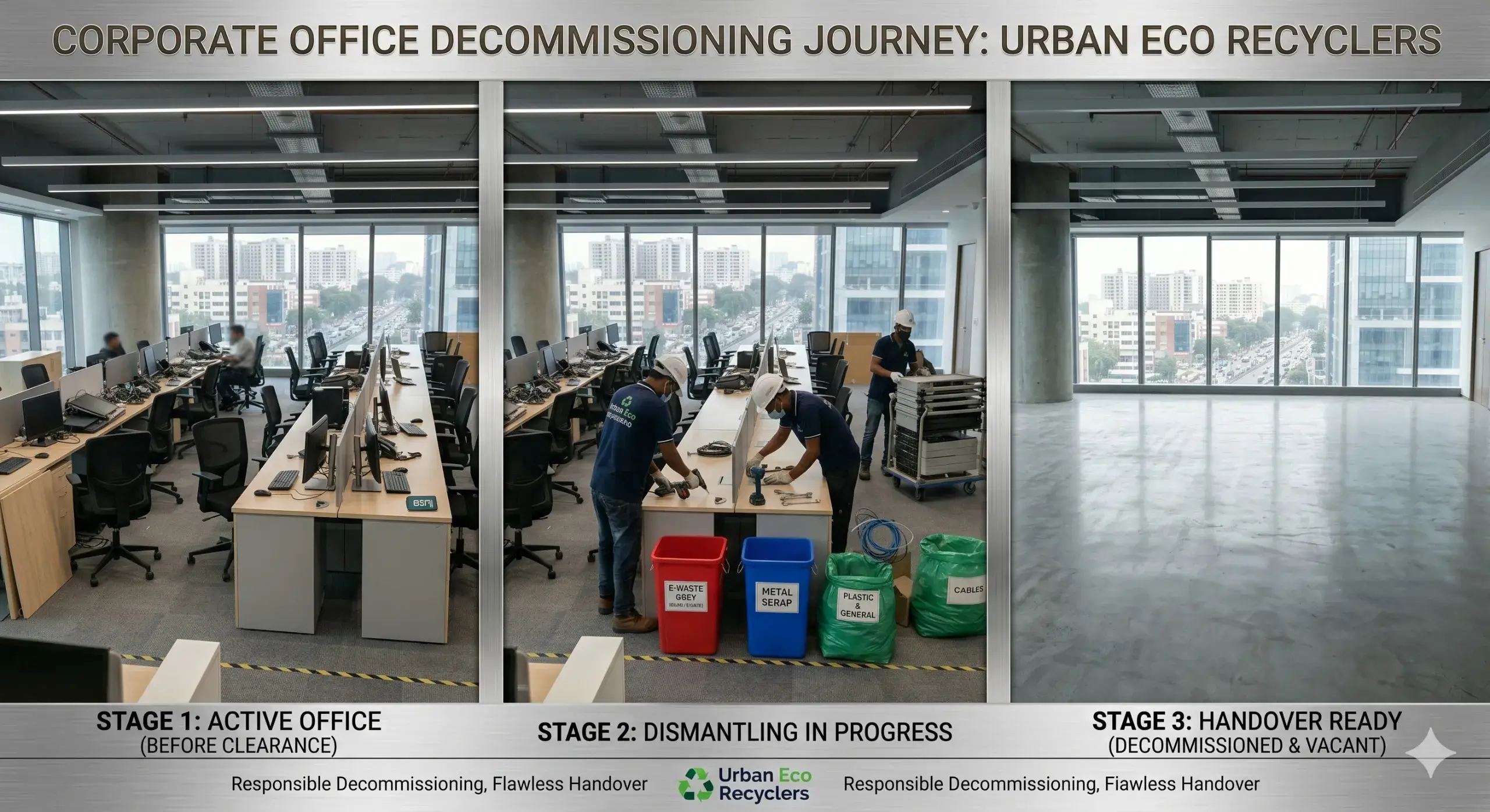 Three-stage corporate office decommissioning journey by Urban Eco Recyclers. The process shows an active office setup, workers actively sorting e-waste and metal scrap during dismantling, and the final vacant workspace. Expert office dismantling services in Bangalore.